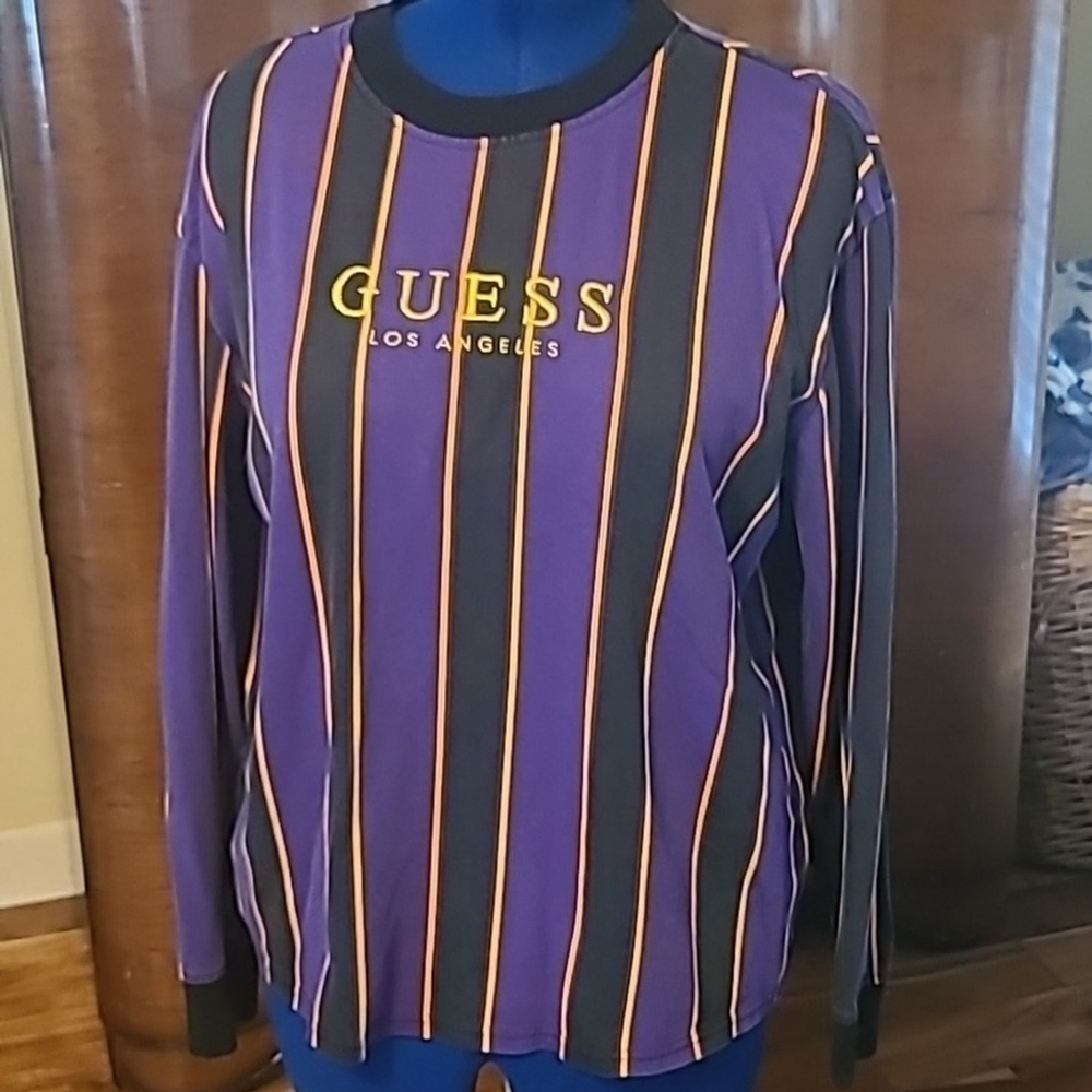Guess Los Angeles long sleeve striped shirt. Men's sz. L.(#1057) Purple. vintage
